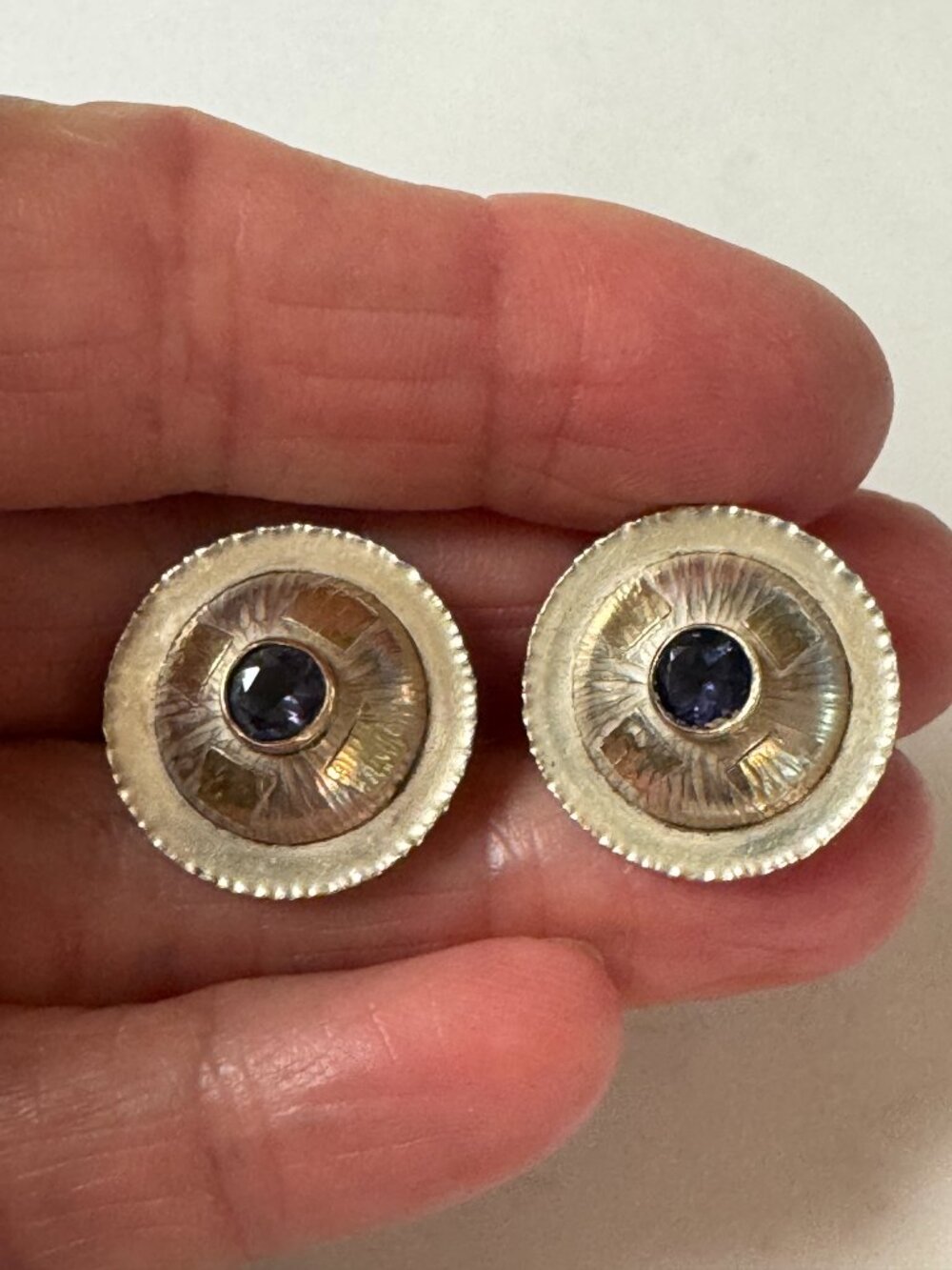 Dome Earrings Vintage Silver & Blue Bezel Post Pierced